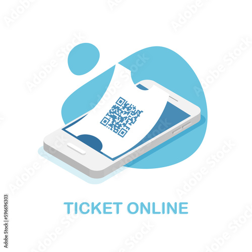 Buy ticket online via mobile app. Smartphone isometric illustration. Vector isolated.