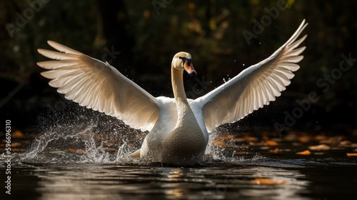 Fototapeta Naklejka Na Ścianę i Meble -  A graceful swan gliding through the water with its wings spread wide. AI generated