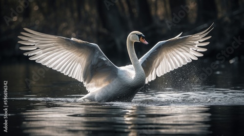 A graceful swan gliding through the water with its wings spread wide. AI generated