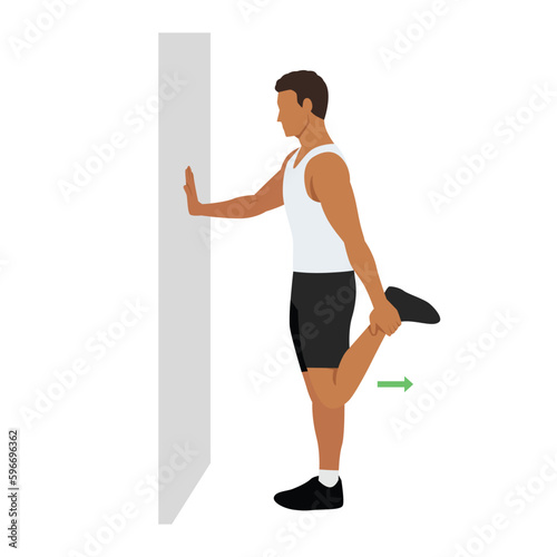 Man doing Standing quad stretch yoga workout on the wall. Flat vector