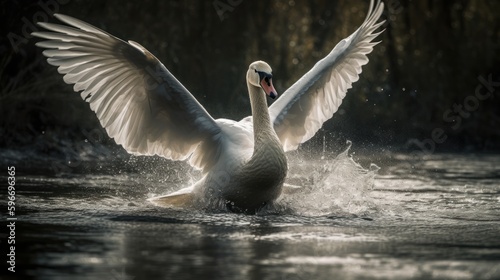 Fototapeta Naklejka Na Ścianę i Meble -  A graceful swan gliding through the water with its wings spread wide. AI generated