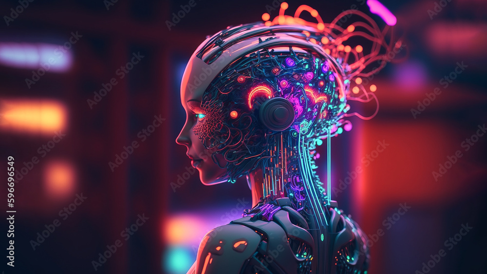 female humanoid head as artificial intelligence (ai) in vibrant neon colors, robot neural network, representing futuristic technology, banner, Generative AI