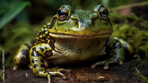 A green frog with a wide grin and a spotted belly. AI generated