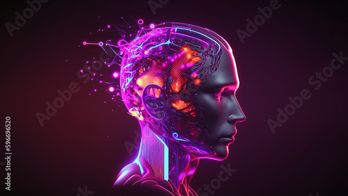 humanoid head as artificial intelligence (ai) in vibrant neon colors, robot neural network, representing futuristic technology, banner, Generative AI
