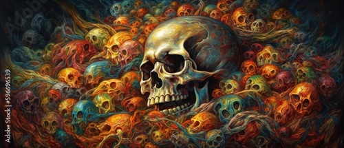Surreal pile of nightmarish skulls and burning bones in hell, death and eternal damnation for the wicked and cruel souls - generative ai