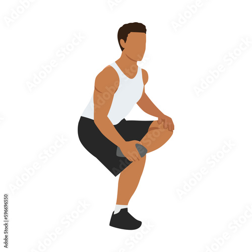 Man stretching thigh with standing hamstring stretch. Flat vector