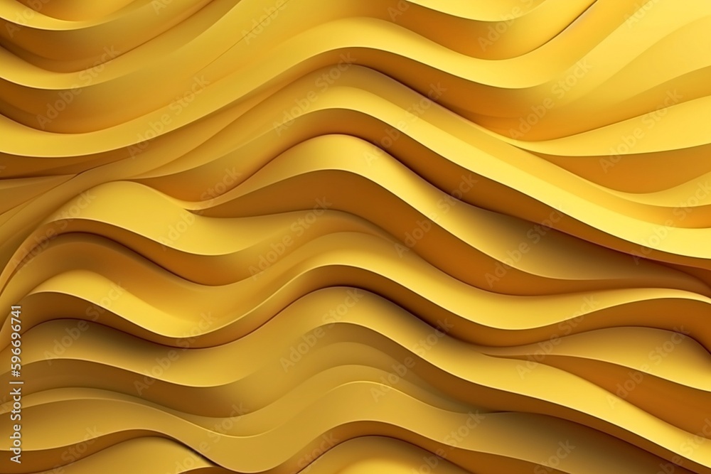 Abstract 3D illustration of a wavy pattern with light and shadow in yellow. Generative AI