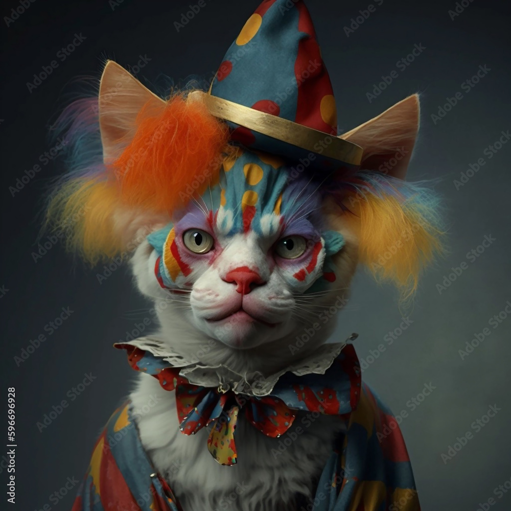 Φωτογραφία Feline cat dressed in a clown costume wearing a clown hat, wig & costume - tabby cat with a mischievous expression and frown - Funny & playful halloween concept of cat in clown costume