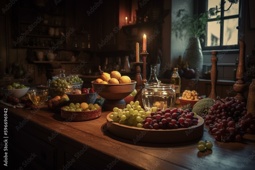 A cozy kitchen with rustic decor, featuring wine, plates, and fruits on a wooden table. Generative AI