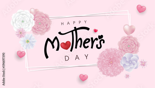 Happy mother's day layout design with roses, lettering, ribbon, frame, dotted background. Vector illustration. Best mom / mum ever cute feminine design for menu, flyer, card, invitation.