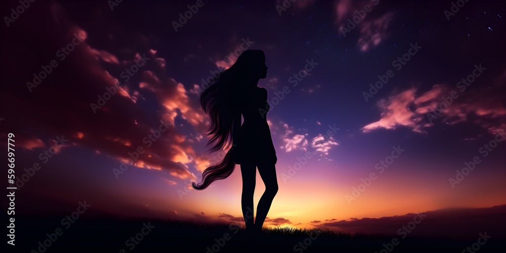 silhouette of a woman dancing in the sunset, silhouette of a girl on a mountain, silhouette of woman, girl, night, loneliness wallpaper flare, silhouette of a person in the forest, Generative AI