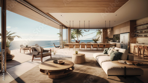 Airy and spacious beachfront villa interior with an open floor plan. Generative AI © piai