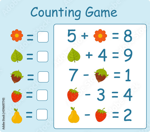 Count and match, count the number of fruits and match with the right numbers. Educational children game, printable worksheet