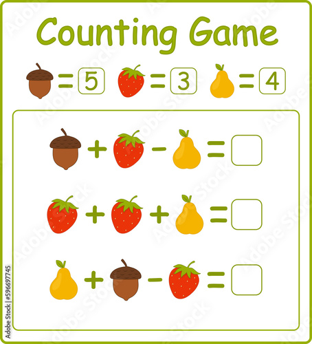 Educational Kids game. Math education. Addition and subtraction. Worksheet for preschool and school children. Calculate and write the numbers. 