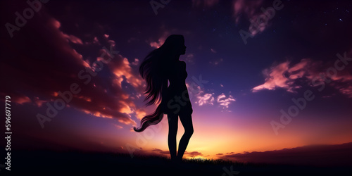 silhouette of a woman dancing in the sunset, silhouette of a girl on a mountain, silhouette of woman, girl, night, loneliness wallpaper flare, silhouette of a person in the forest, Generative AI