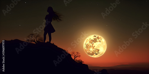 silhouette of a girl on a mountain, silhouette of woman, girl, night, harmony, loneliness wallpaper flare, silhouette of a person in the forest, Generative AI