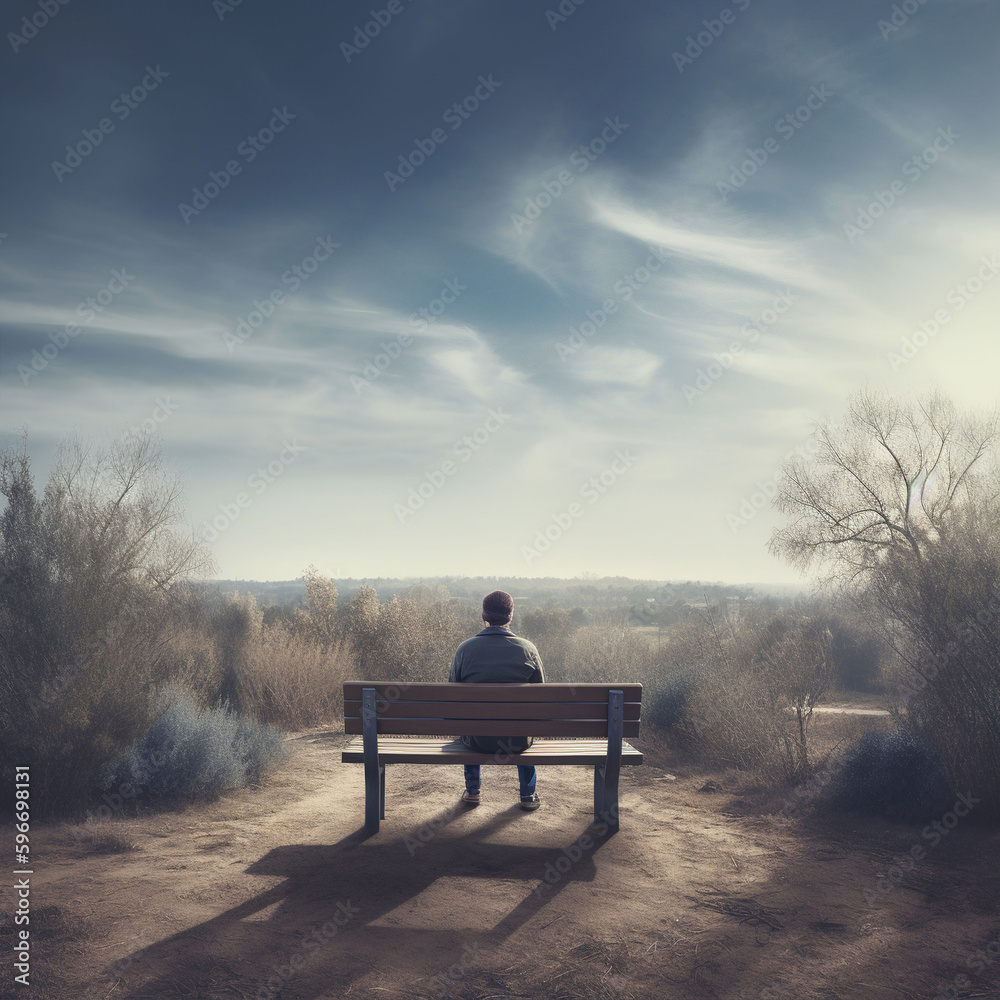 An older man sitting on a bench against a vast scenic background. A.I. generated.
An older man sitting on a bench against a vast scenic background. A.I. generated.