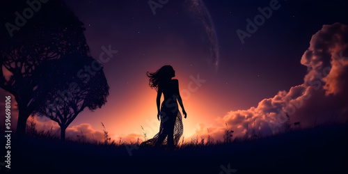 silhouette of a girl on a mountain, silhouette of woman, girl, night, harmony, loneliness wallpaper flare, silhouette of a person in the forest, Generative AI