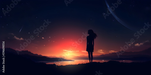 silhouette of a girl on a mountain, silhouette of woman, girl, night, harmony, loneliness wallpaper flare, silhouette of a person in the forest, Generative AI