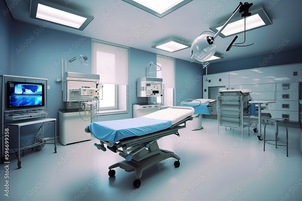 Modern Hospital Room with Natural Lighting, Delivery Bed, and Birthing/Operating Equipment in Light Blue and White Colors Modern Hospital Room with Natural Lighting, Delivery Bed, and Birthing/Operating Equipment in Light Blue and White Colors