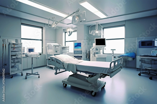 Modern Hospital Room with Natural Lighting  Delivery Bed  and Birthing Operating Equipment in Light Blue and White Colors