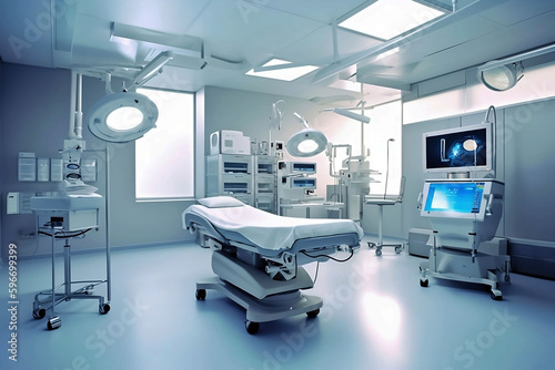 Modern Hospital Room with Natural Lighting, Delivery Bed, and Birthing/Operating Equipment in Light Blue and White Colors