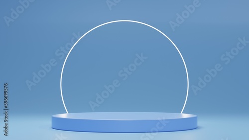 Blue podium in a blue room with three blue balloons - 3D Illustration