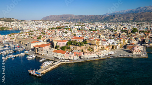 Fototapeta Naklejka Na Ścianę i Meble -  Aerial view of the modern marina at the Venetian port of Chania, Crete, Greece