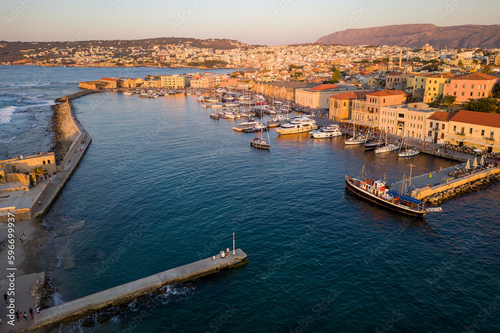 Aerial view of the marina and harbour in Chania, Crete at dusk