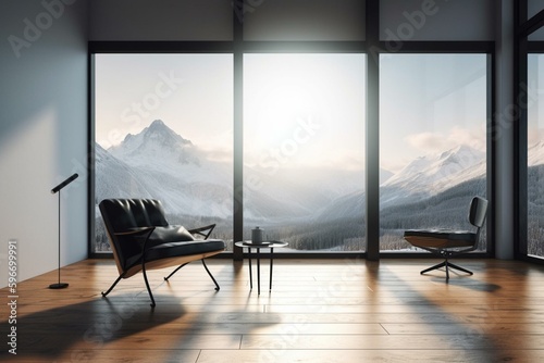 Minimalist living room with wood floor, white wall, black chair, and big windows with winter mountains as background. Generative AI © Aeris