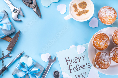 Father's day holiday greeting card. Father's Day morning breakfast with a cute surprise background, with gift boxes, cupcakes, coffee mug, heart decor, tools and ties, Happy Father's Day letter