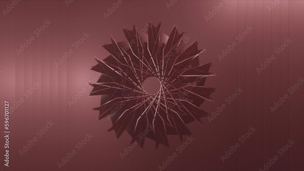 Obraz premium Illustration of abstract red art of surreal 3d background with moving blades in a spiral pattern with a hole in the center. 3D abstract motion graphics.