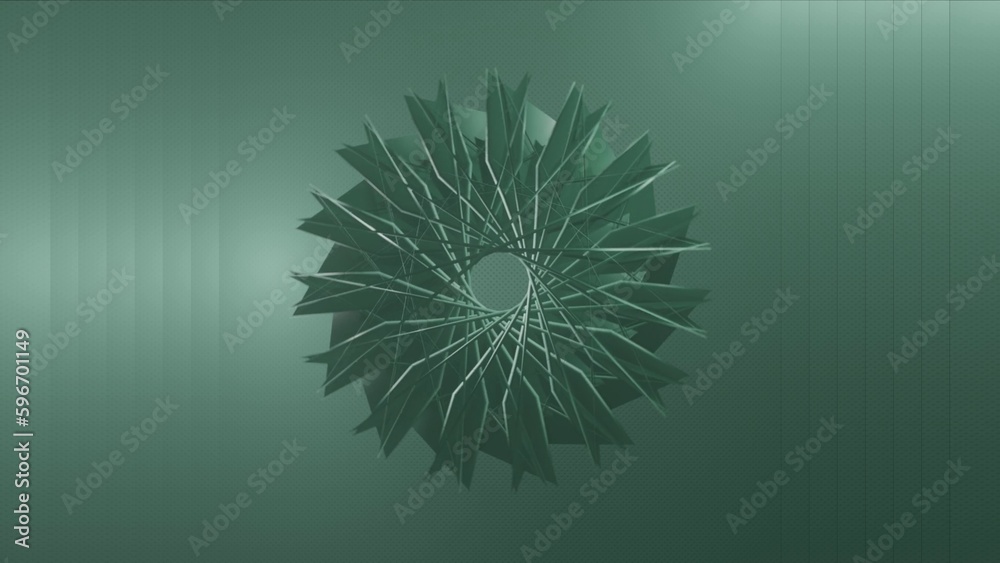 Illustration of abstract green art of surreal 3d background with moving blades in a spiral pattern with a hole in the center. 3D abstract motion graphics. Illustration of abstract green art of surreal 3d background with moving blades in a spiral pattern with a hole in the center. 3D abstract motion graphics.