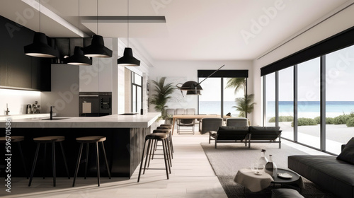 Airy and spacious beachfront villa interior with an open floor plan. Generative AI © piai