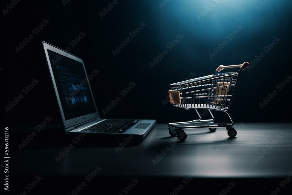E-commerce concept. Laptop and cart on blue backdrop. 3D design. Generative AI