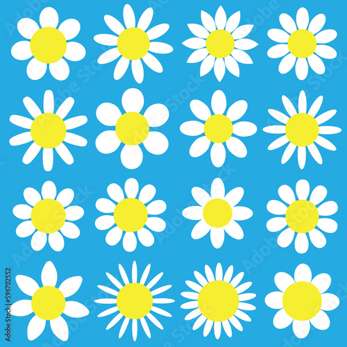 Daisy chamomile icon. Camomile super big set. Flat style design. Cute white flower head plant nature collection. Decoration element.