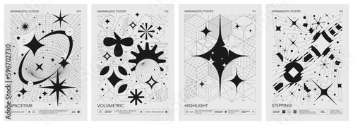 Futuristic retro vector minimalistic Posters with 3d strange wireframes form graphic of geometrical shapes modern design inspired by brutalism and silhouette basic figures, set 28