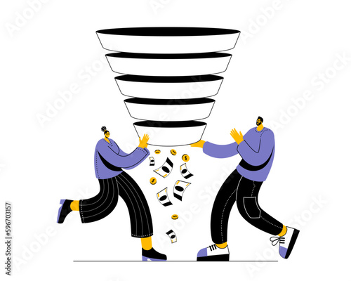 A blogger holds a sales funnel in his hands. Vector illustration on the topic of promotion and sale in social networks.