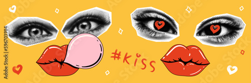Trendy contemporary collage set. Woman's eyes and lips. Halftone and cartoon elements. Y2k pop style. Red lips and lips with bubble gum. Vector illustration.