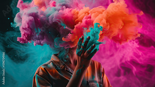Person Engulfed in Neon Colored Chalk Smoke Cloud Abstract Background Generative AI Photo