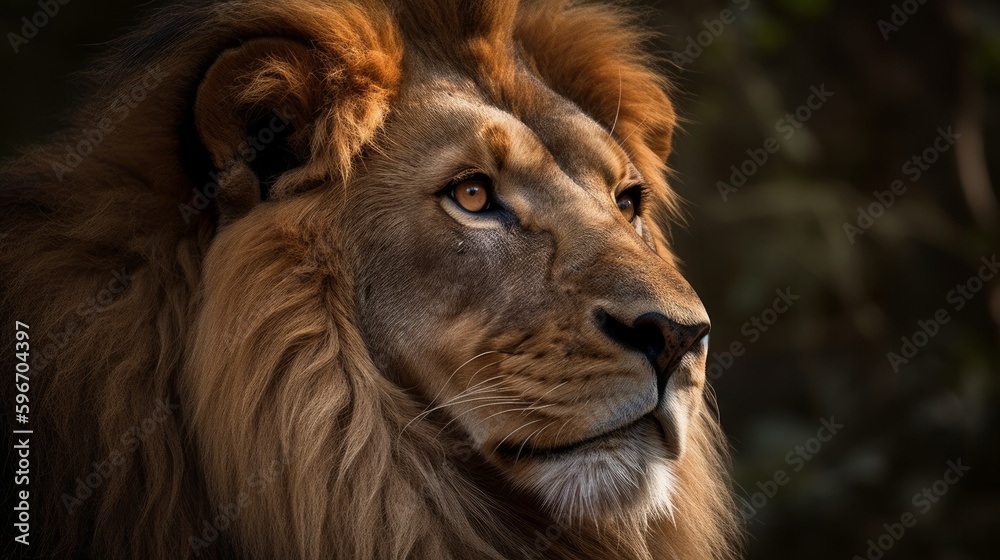 A regal lion with a flowing mane and a powerful gaze. AI generated