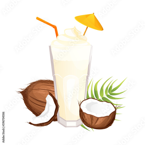 Coconut milkshake.Summer, refreshing cocktail with coconut milk, ice cream, coconut.Vector illustration isolated on a white background.