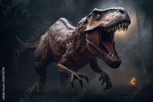 3D rendering of a T-Rex attack on a dark background. Generative AI © Delphine