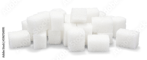 Heap of refined sugar cubes on transparent background