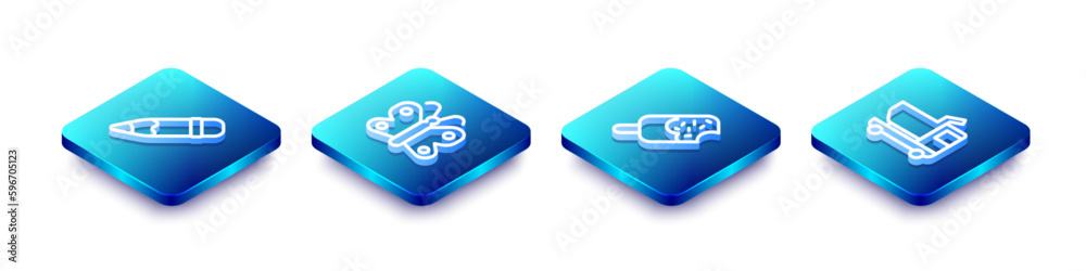 Set Isometric line Pencil with eraser, Butterfly, Ice cream and Toy truck icon. Vector Set Isometric line Pencil with eraser, Butterfly, Ice cream and Toy truck icon. Vector