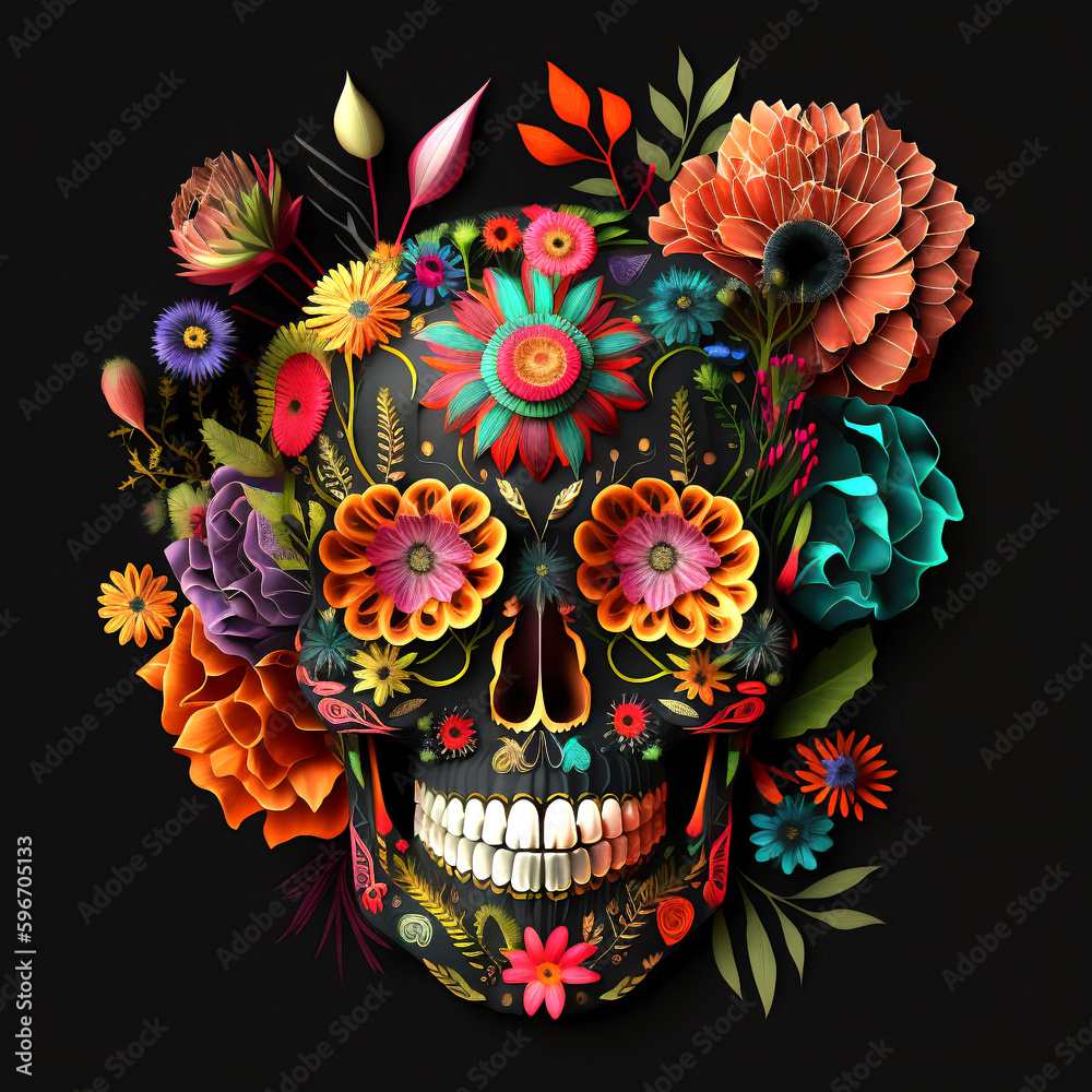 Colorful mexican skull, with flowers, black background, created with