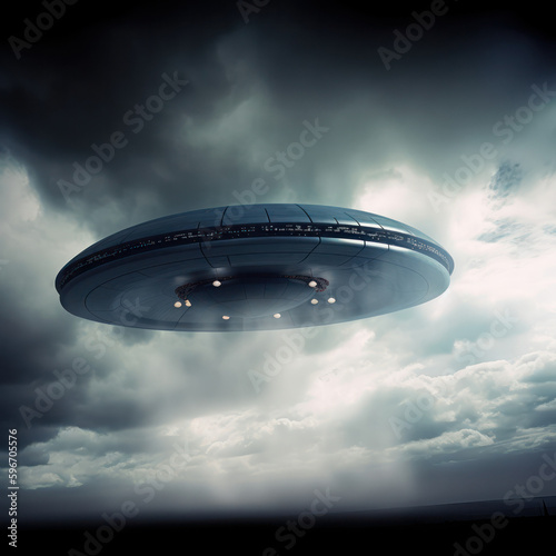 UFO  alien spaceships in the clouds in the sky. Saucers with bright illumination and vertical beam  unidentified flying objects  realistic illustration. Generative AI