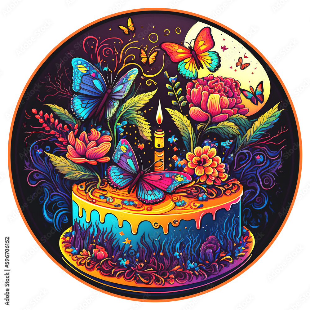 Birthday cake with candle, flowers and butterflies, isolated, no ...