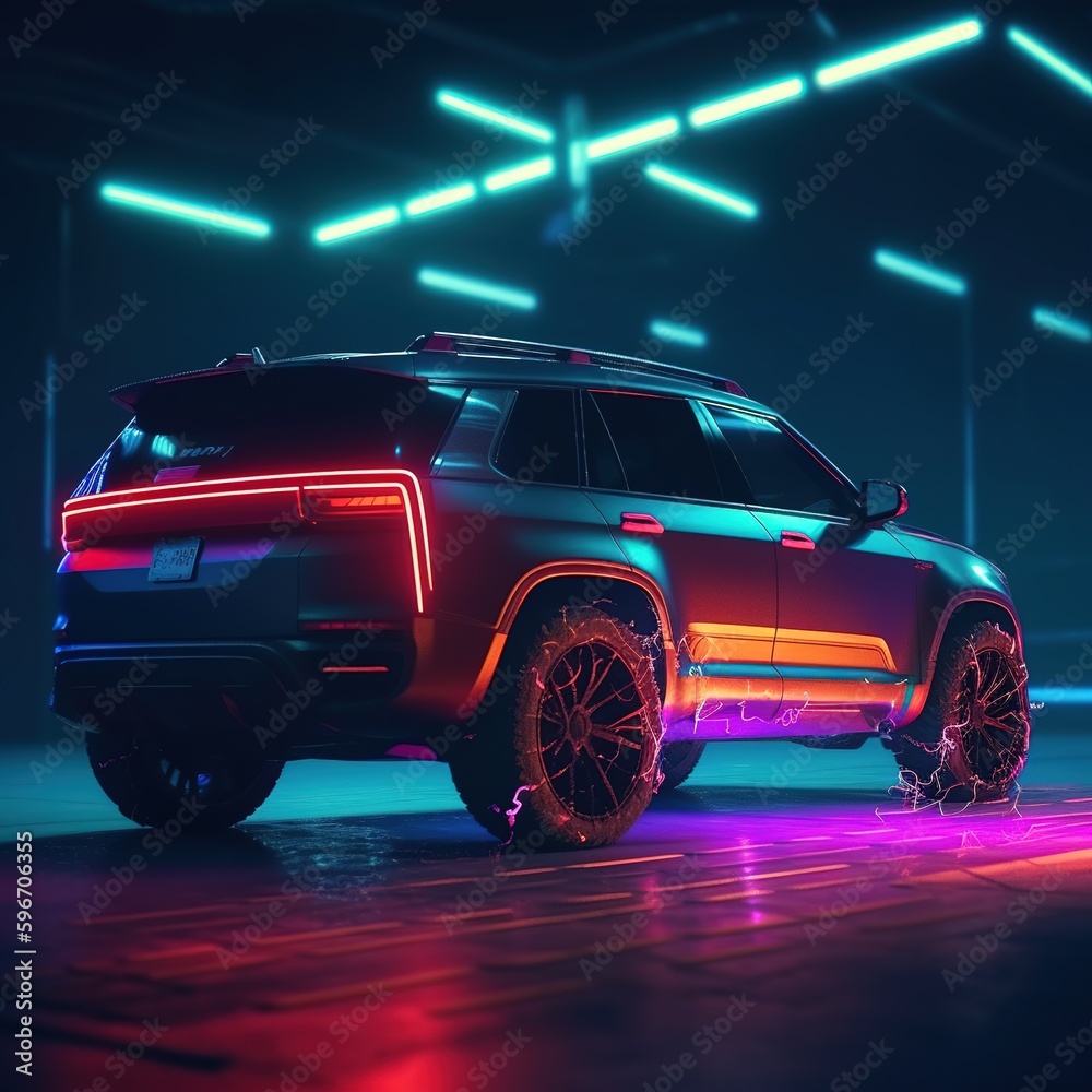Futuristic cyberpunk neon car on the tech space and vertical rays of light around. Back side of the SUV car. generative ai