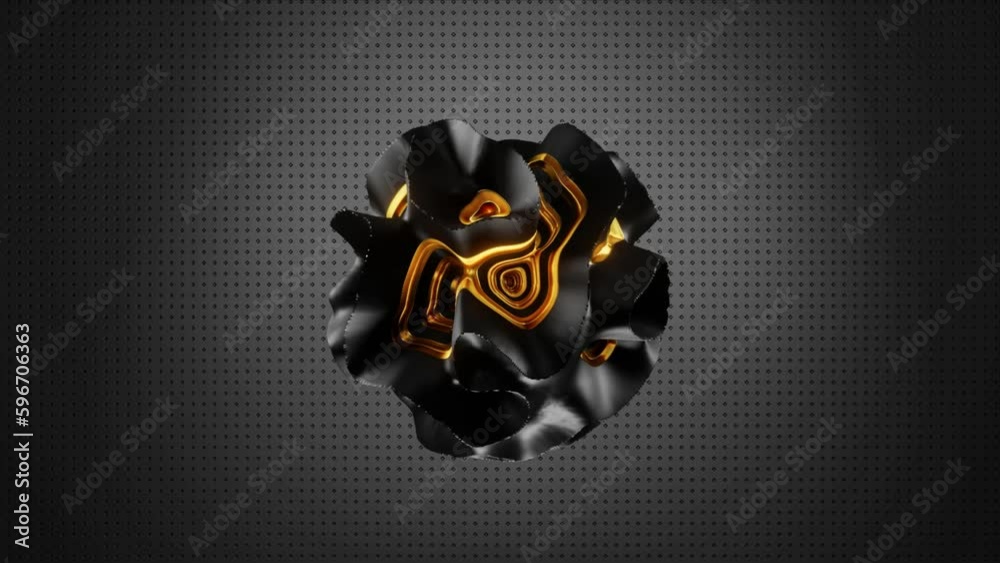 3d render of abstract art ball or sphere metamorphosis in organic curve round wavy smooth and soft forms in matte liquid aluminium metal material with golden  glossy parts in the dark on black back